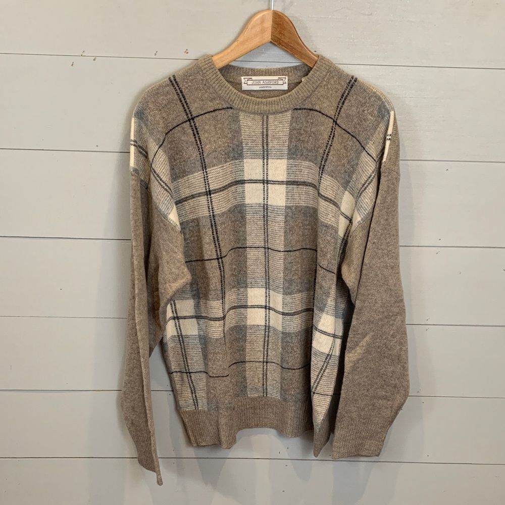 John Ashford 100% pure lambs wool Plaid Tan Sweater for Men preppy size large